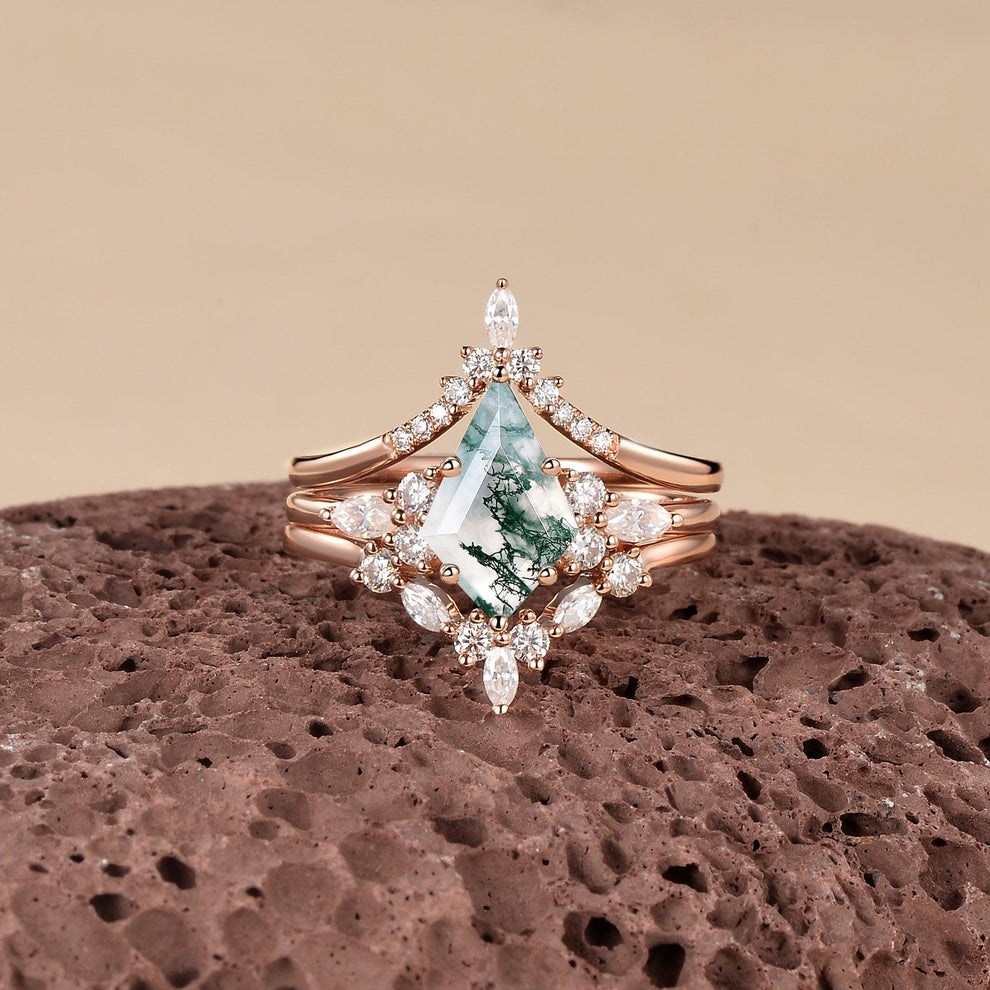 Kinsley Unique Kite Cut Moss Agate Chevron Engagement Ring Set 3pcs.