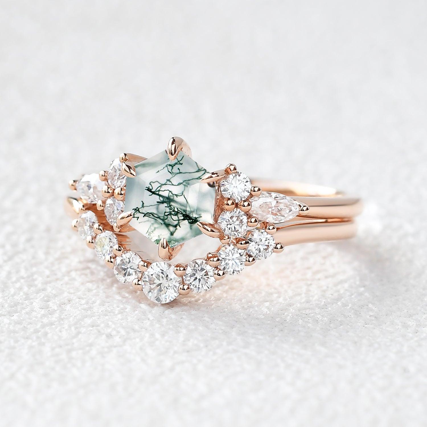 1.0ct Hexagon Moss Agate Cluster Engagement Ring Set 2pcs.