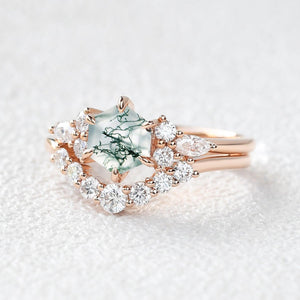 1.0ct Hexagon Moss Agate Cluster Engagement Ring Set 2pcs.