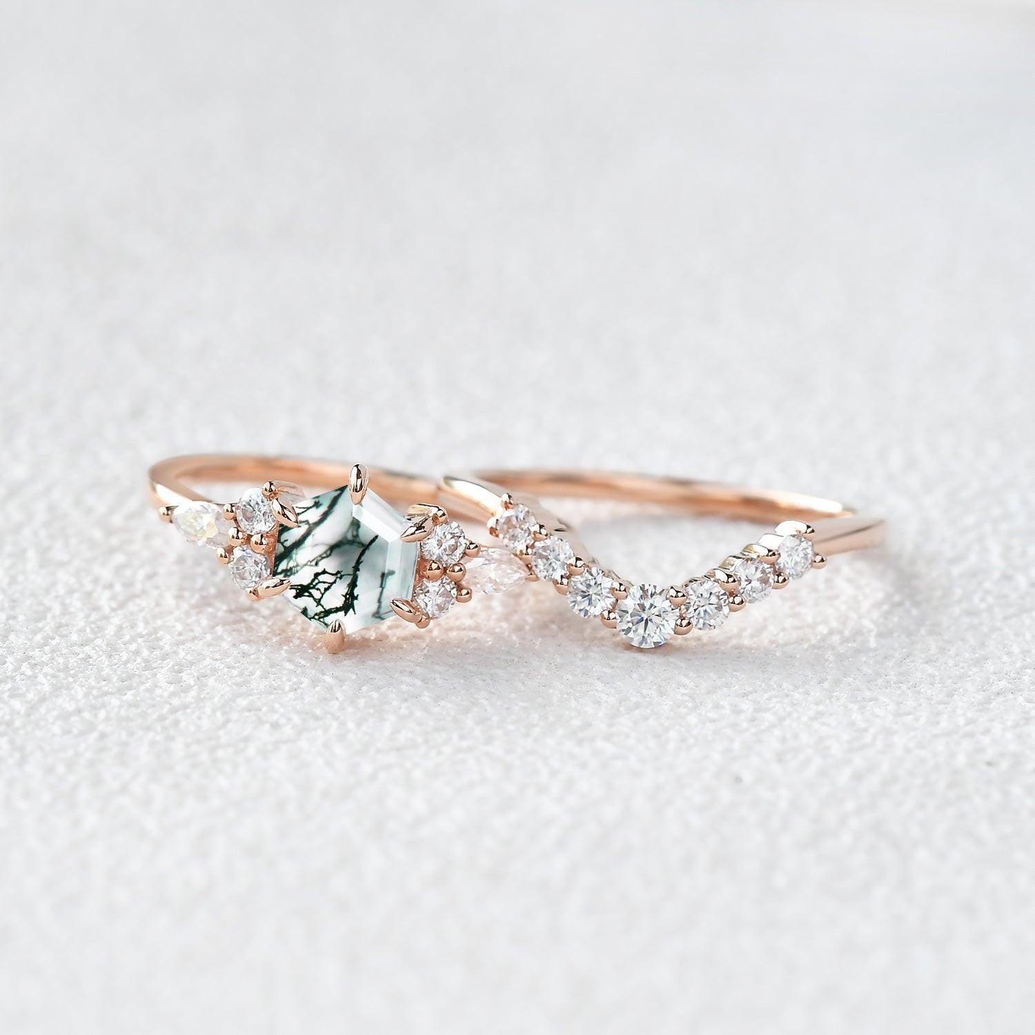 1.0ct Hexagon Moss Agate Cluster Engagement Ring Set 2pcs.