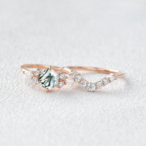 1.0ct Hexagon Moss Agate Cluster Engagement Ring Set 2pcs.