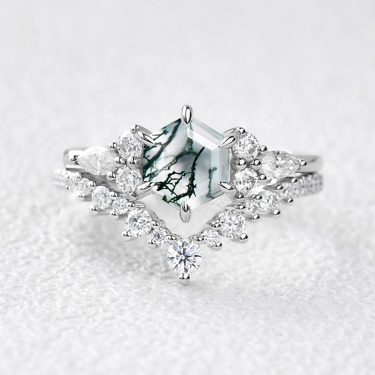 Inaya Vintage Hexagon Cut Moss Agate Engagement Ring Set 2pcs.