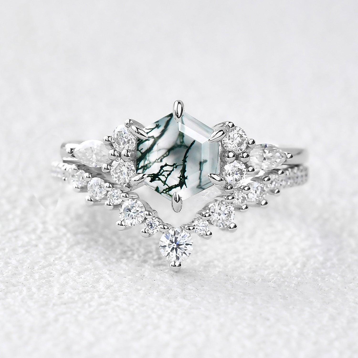 Inaya Vintage Hexagon Cut Moss Agate Engagement Ring Set 2pcs.