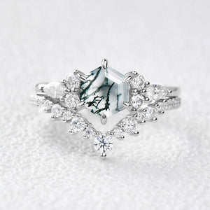 Inaya Vintage Hexagon Cut Moss Agate Engagement Ring Set 2pcs.