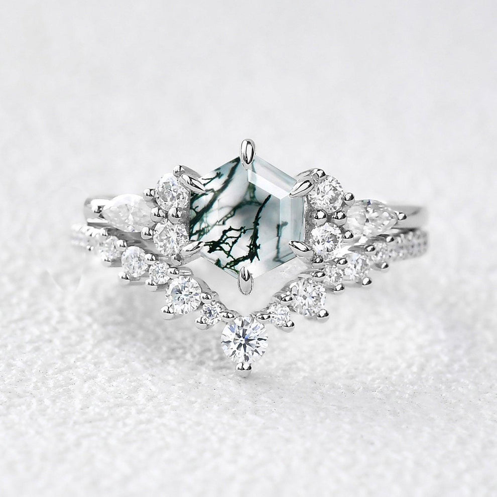 Inaya Vintage Hexagon Cut Moss Agate Engagement Ring Set 2pcs.