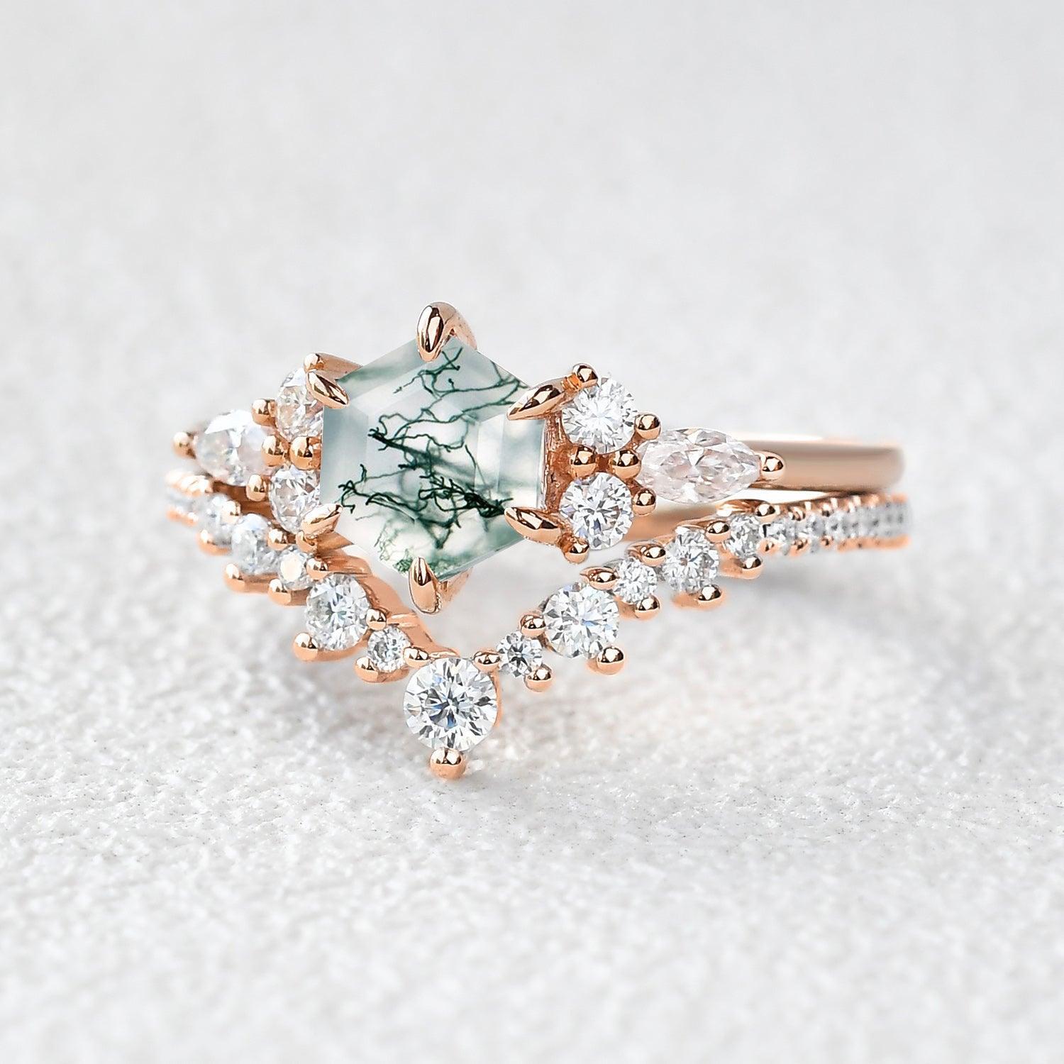 Inaya Vintage Hexagon Cut Moss Agate Engagement Ring Set 2pcs.