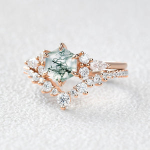 Inaya Vintage Hexagon Cut Moss Agate Engagement Ring Set 2pcs.
