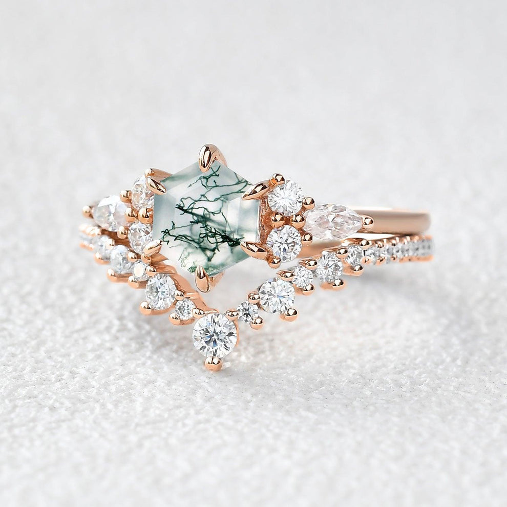 Inaya Vintage Hexagon Cut Moss Agate Engagement Ring Set 2pcs.