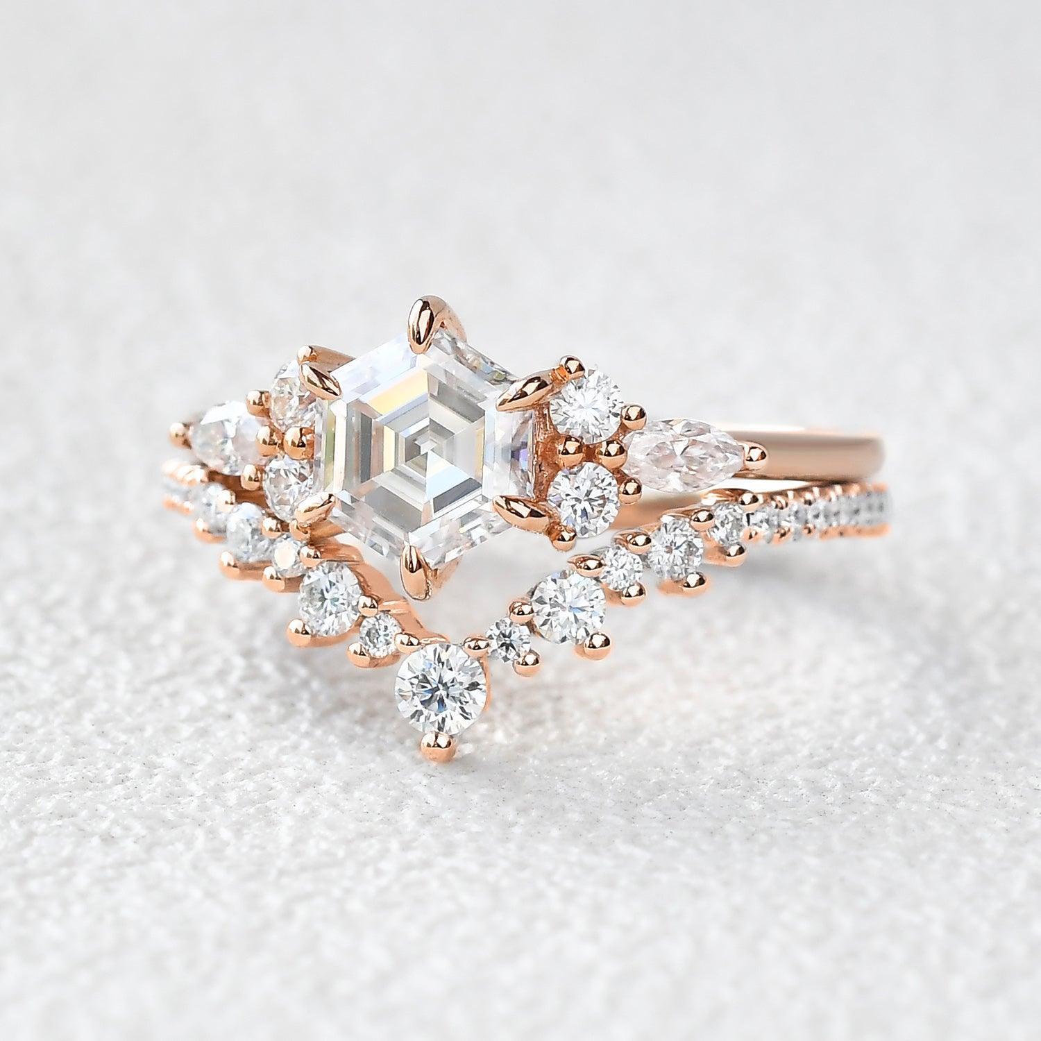 Inaya Vintage Hexagon Cut Moss Agate Engagement Ring Set 2pcs.