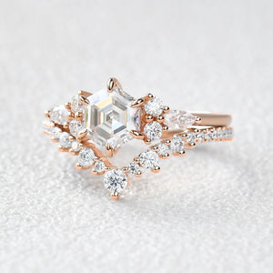 Inaya Vintage Hexagon Cut Moss Agate Engagement Ring Set 2pcs.