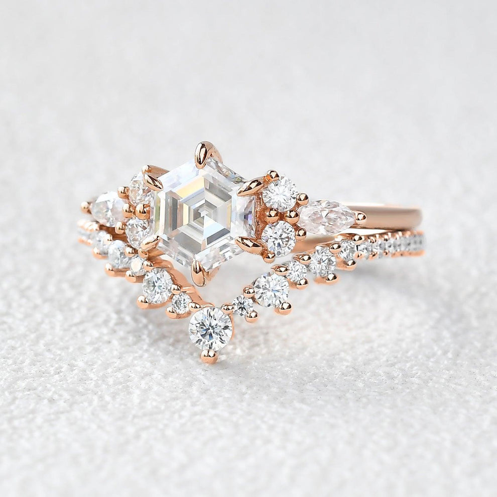 Inaya Vintage Hexagon Cut Moss Agate Engagement Ring Set 2pcs.