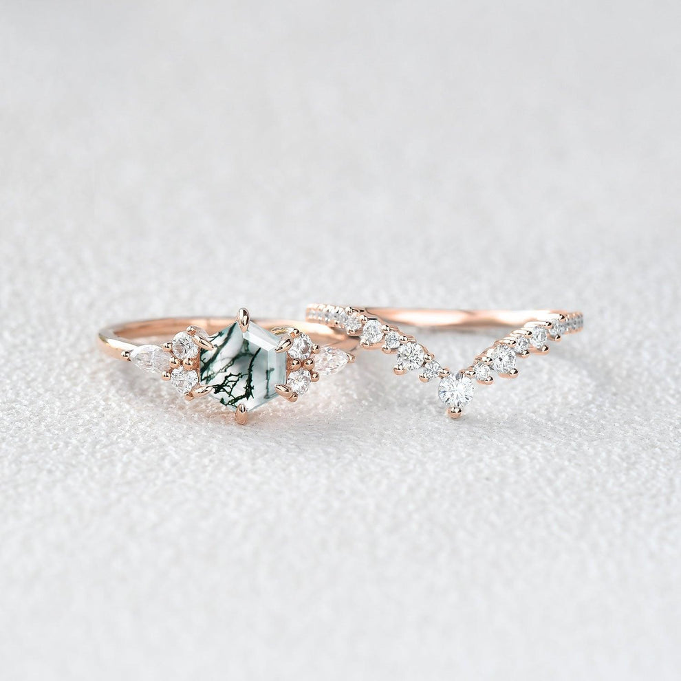 Inaya Vintage Hexagon Cut Moss Agate Engagement Ring Set 2pcs.