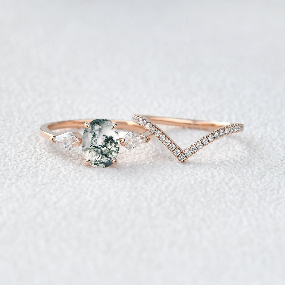 1.5ct Oval Moss Agate Three Stones Chevron Engagement Ring Set 2pcs.