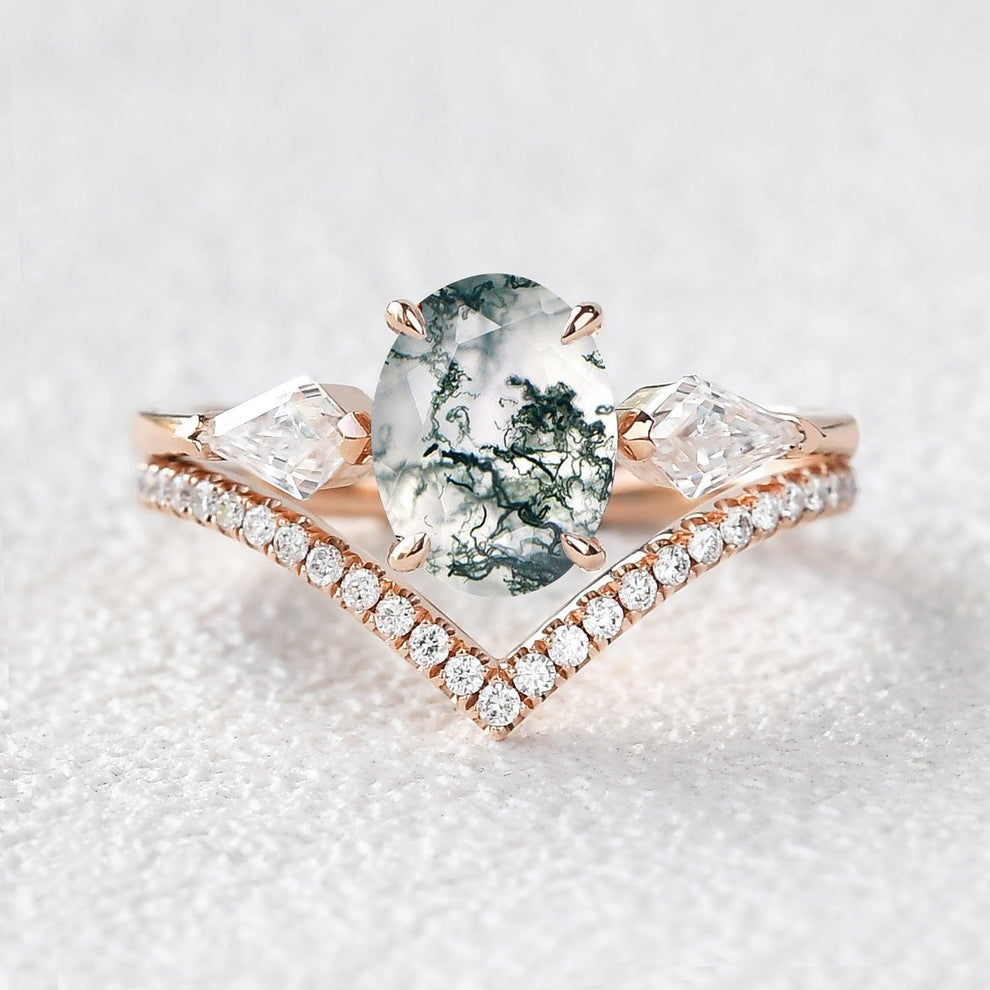 1.5ct Oval Moss Agate Three Stones Chevron Engagement Ring Set 2pcs.