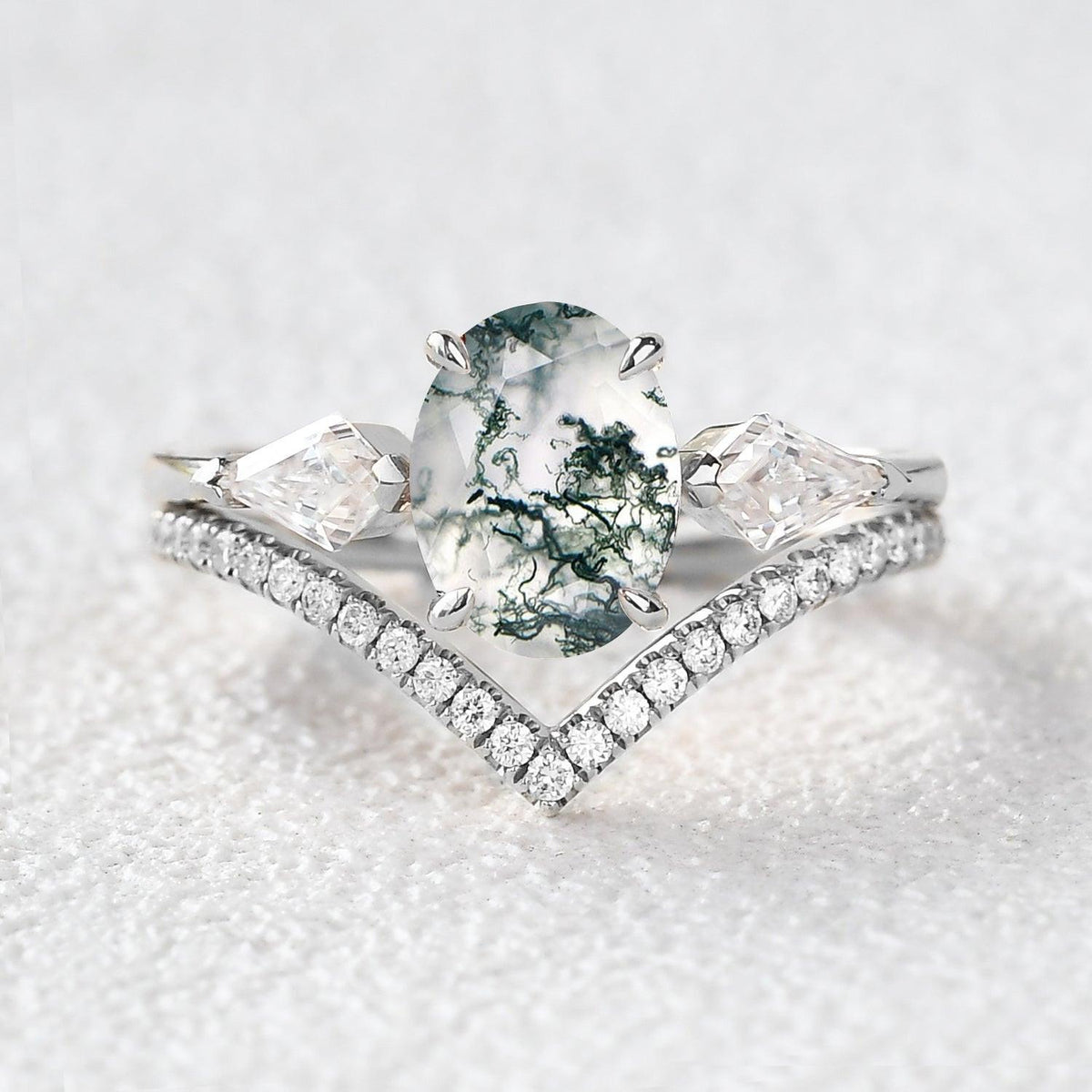 1.5ct Oval Moss Agate Three Stones Chevron Engagement Ring Set 2pcs.