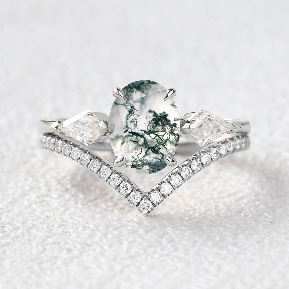 1.5ct Oval Moss Agate Three Stones Chevron Engagement Ring Set 2pcs.