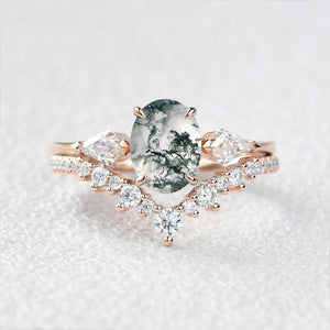 Rhea’s Harmony | Classic Oval Moss Agate Three Stone Bridal Set 2pcs.