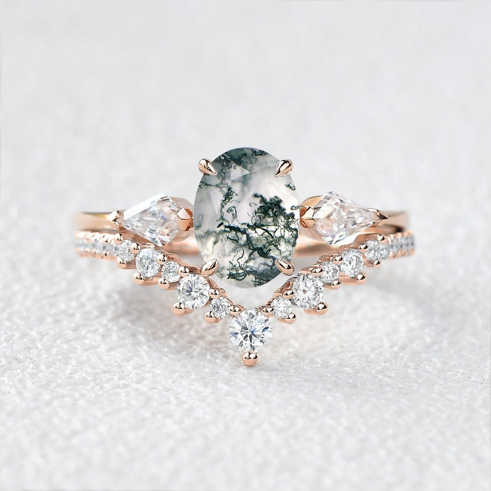 Rhea’s Harmony | Classic Oval Moss Agate Three Stone Bridal Set 2pcs.