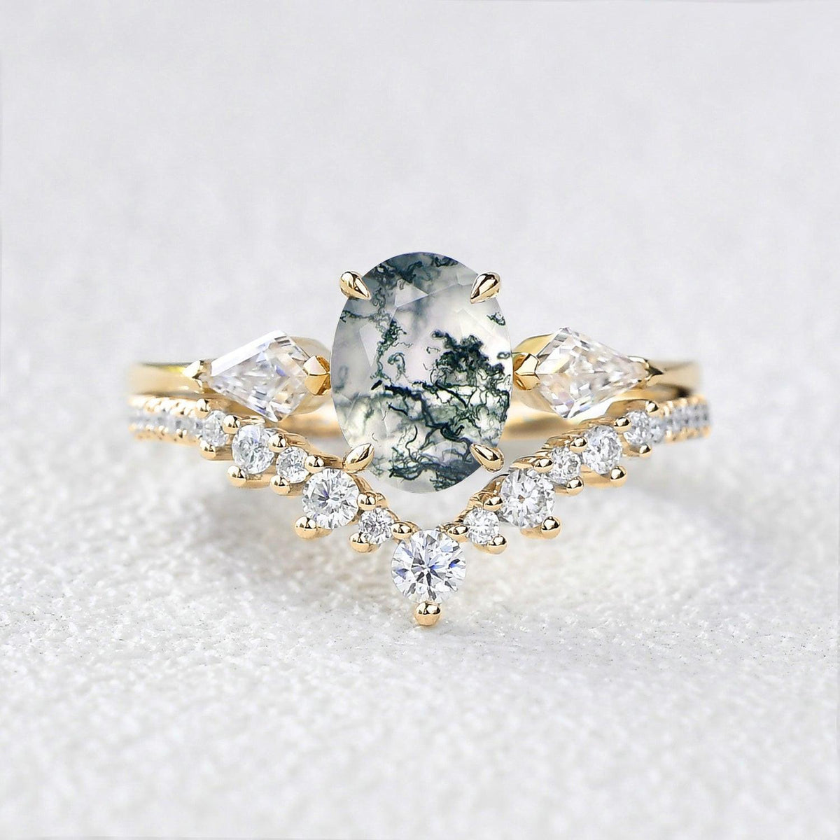 Rhea’s Harmony | Classic Oval Moss Agate Three Stone Bridal Set 2pcs.