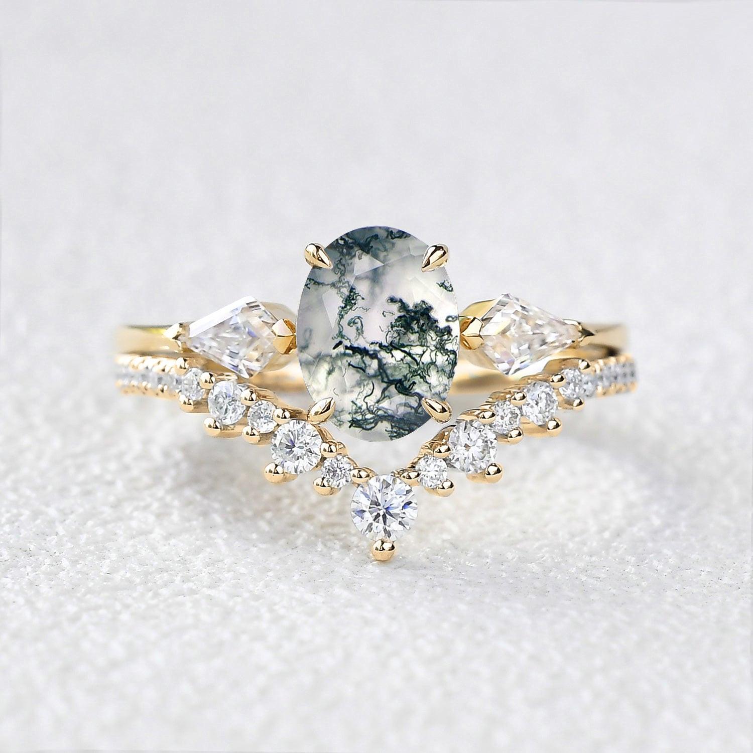 Rhea’s Harmony | Classic Oval Moss Agate Three Stone Bridal Set 2pcs.