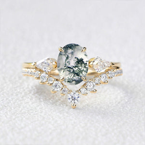 Rhea’s Harmony | Classic Oval Moss Agate Three Stone Bridal Set 2pcs.