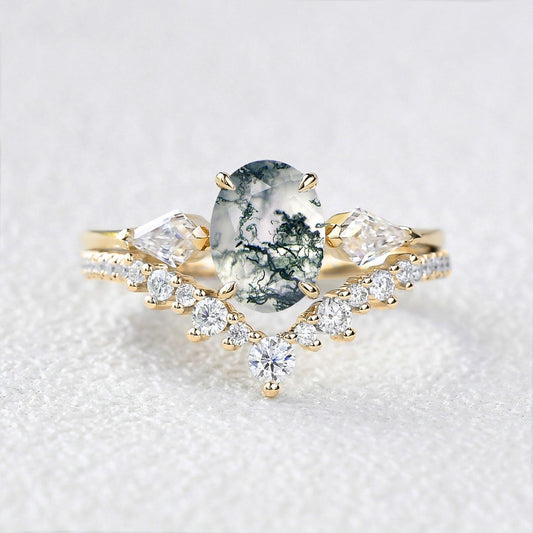 Rhea’s Harmony | Classic Oval Moss Agate Three Stone Bridal Set 2pcs.