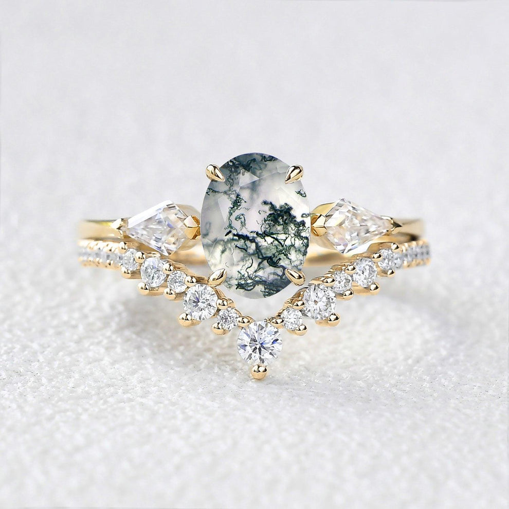 Rhea’s Harmony | Classic Oval Moss Agate Three Stone Bridal Set 2pcs.