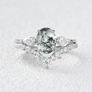 Rhea’s Harmony | Classic Oval Moss Agate Three Stone Bridal Set 2pcs.