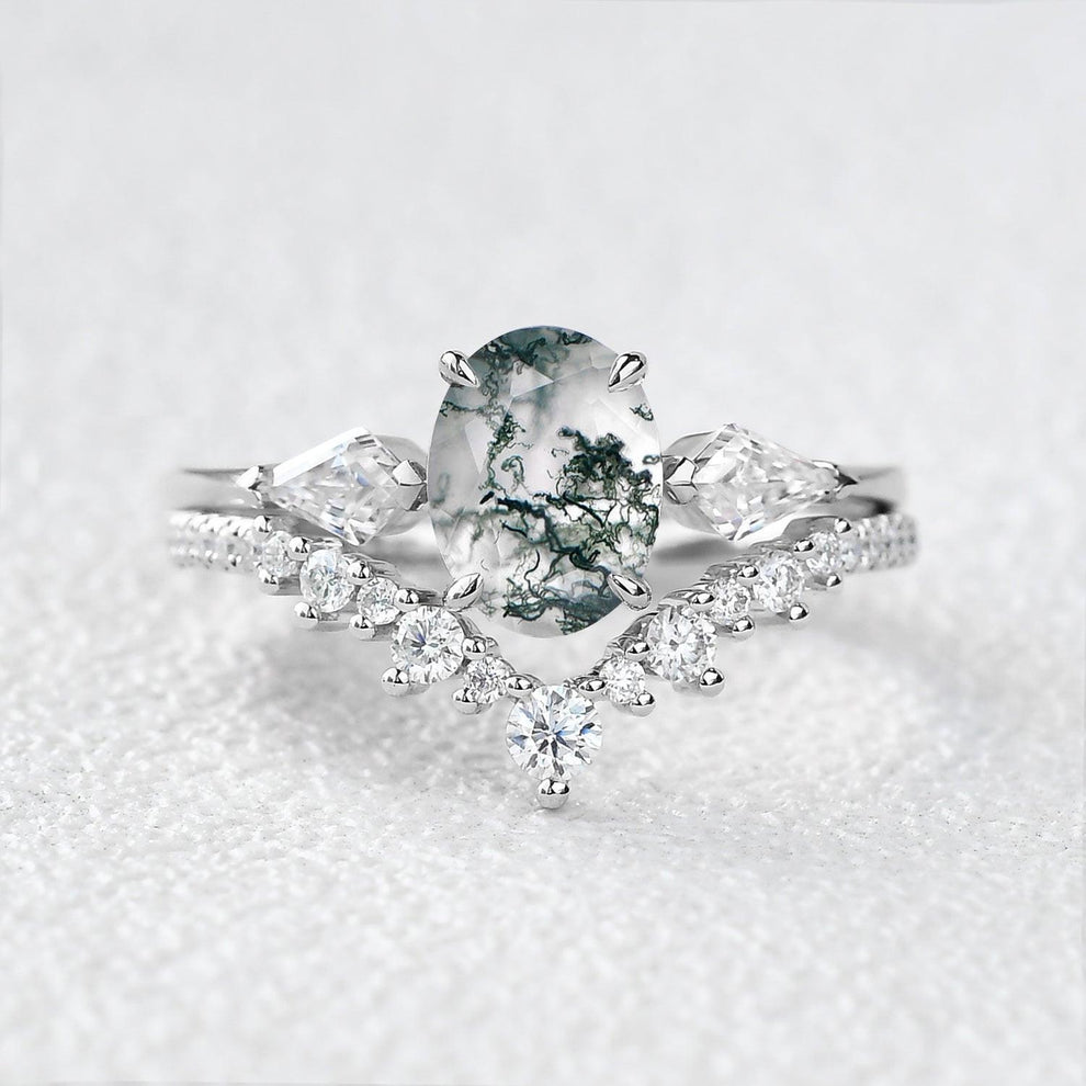 Rhea’s Harmony | Classic Oval Moss Agate Three Stone Bridal Set 2pcs.