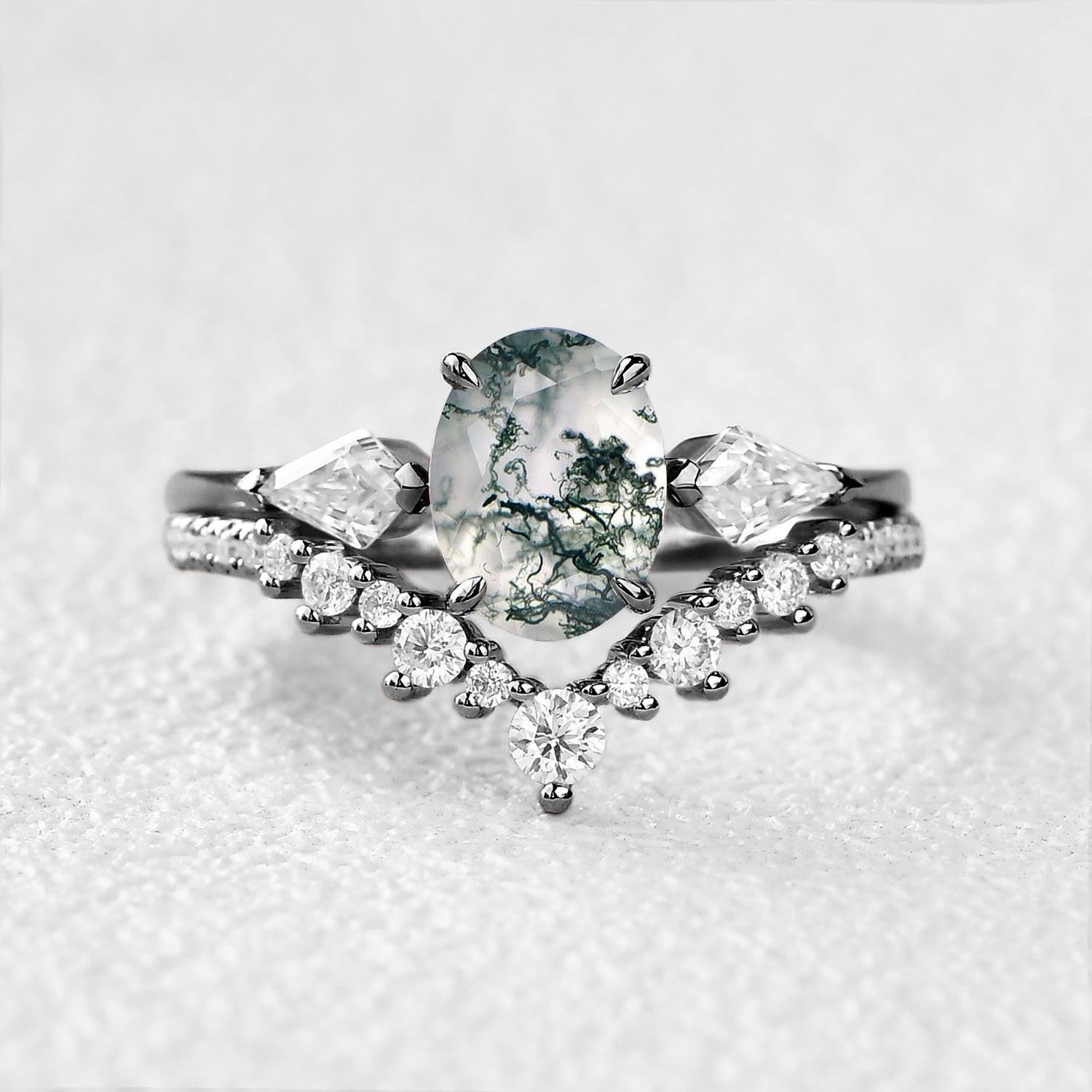 Rhea’s Harmony | Classic Oval Moss Agate Three Stone Bridal Set 2pcs.