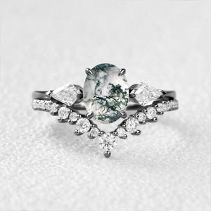 Rhea’s Harmony | Classic Oval Moss Agate Three Stone Bridal Set 2pcs.