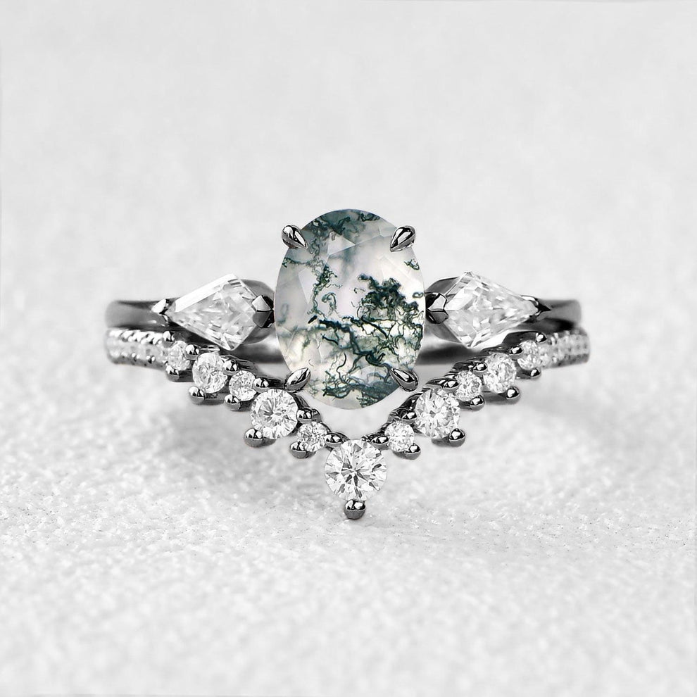 Rhea’s Harmony | Classic Oval Moss Agate Three Stone Bridal Set 2pcs.