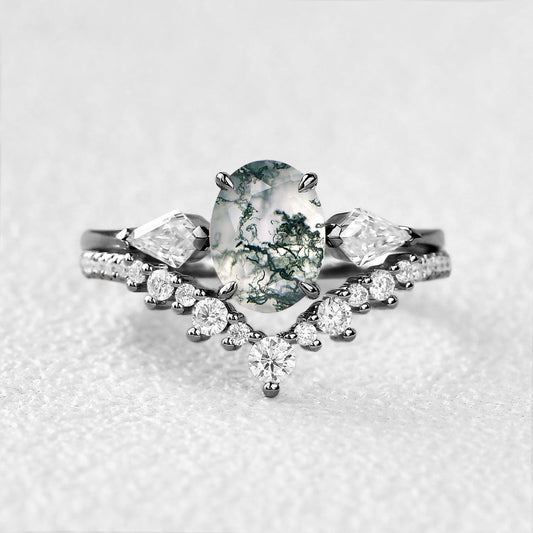 Nyx’s Trinity | Black Gold Oval Moss Agate Three Stone Engagement Ring Set 2pcs.