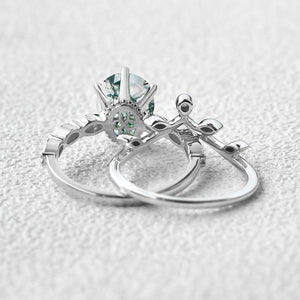 2.0ct Oval Cut Moss Agate Rose Gold Vine Leafy Ring Set 2pcs.