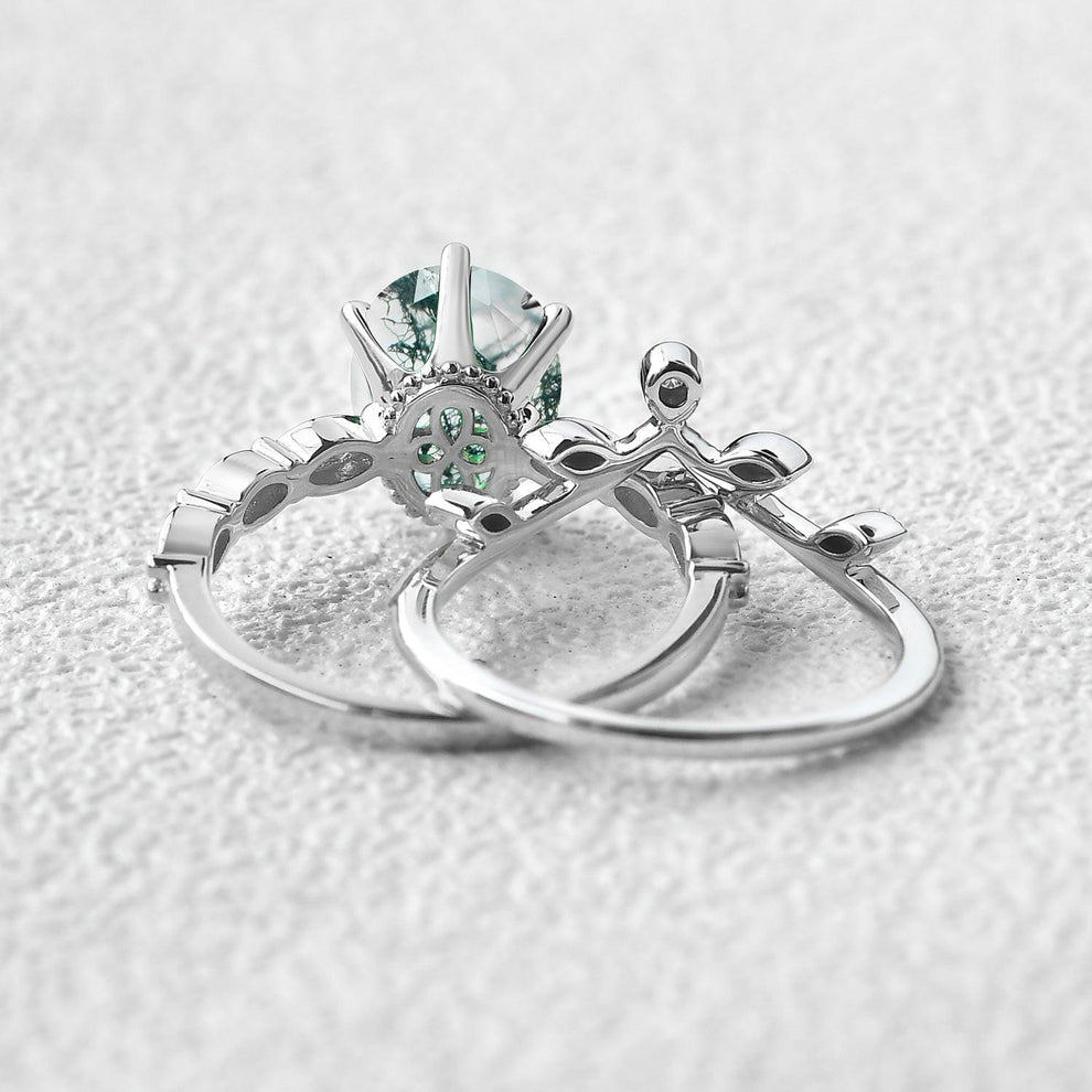 2.0ct Oval Cut Moss Agate Rose Gold Vine Leafy Ring Set 2pcs.