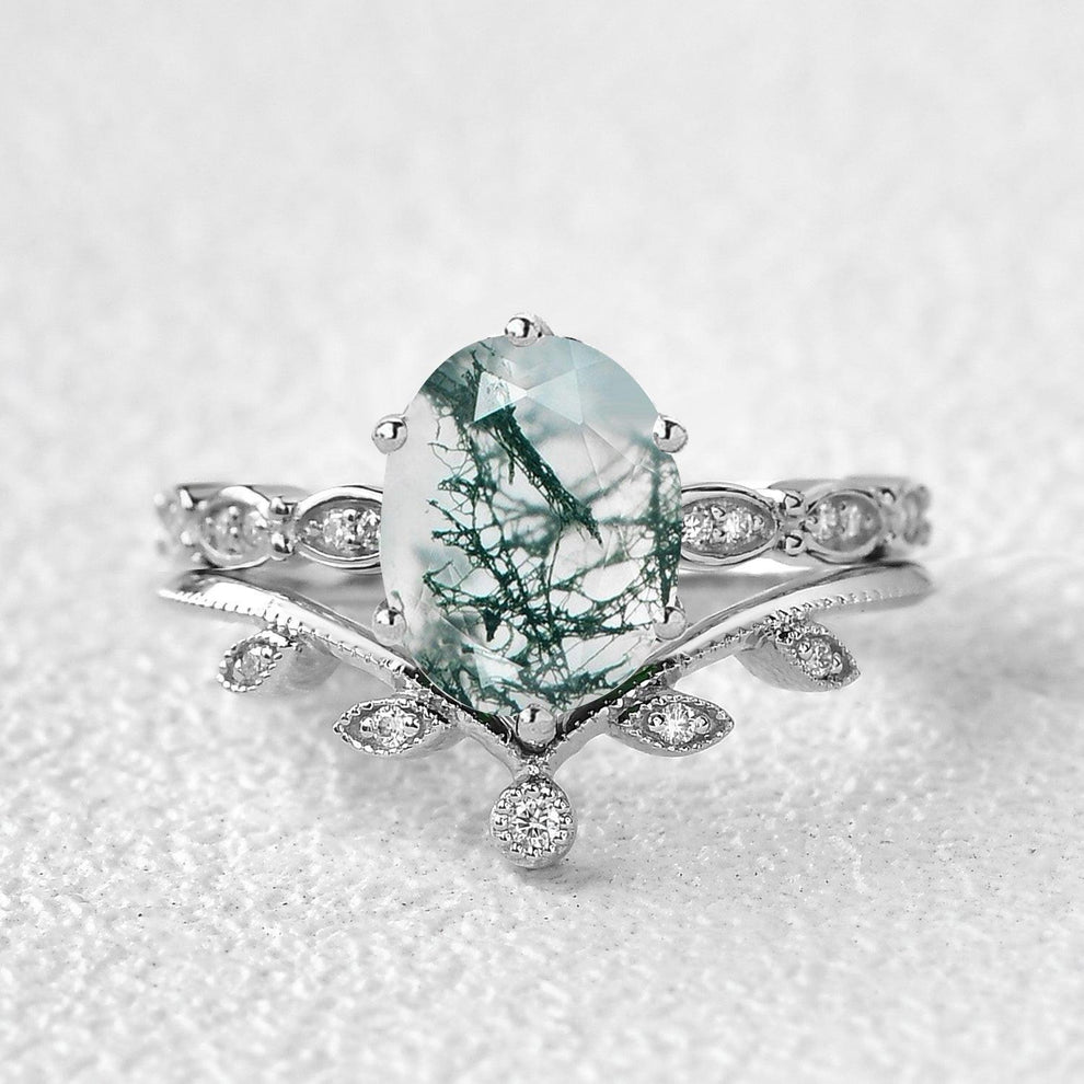 2.0ct Oval Cut Moss Agate Rose Gold Vine Leafy Ring Set 2pcs.