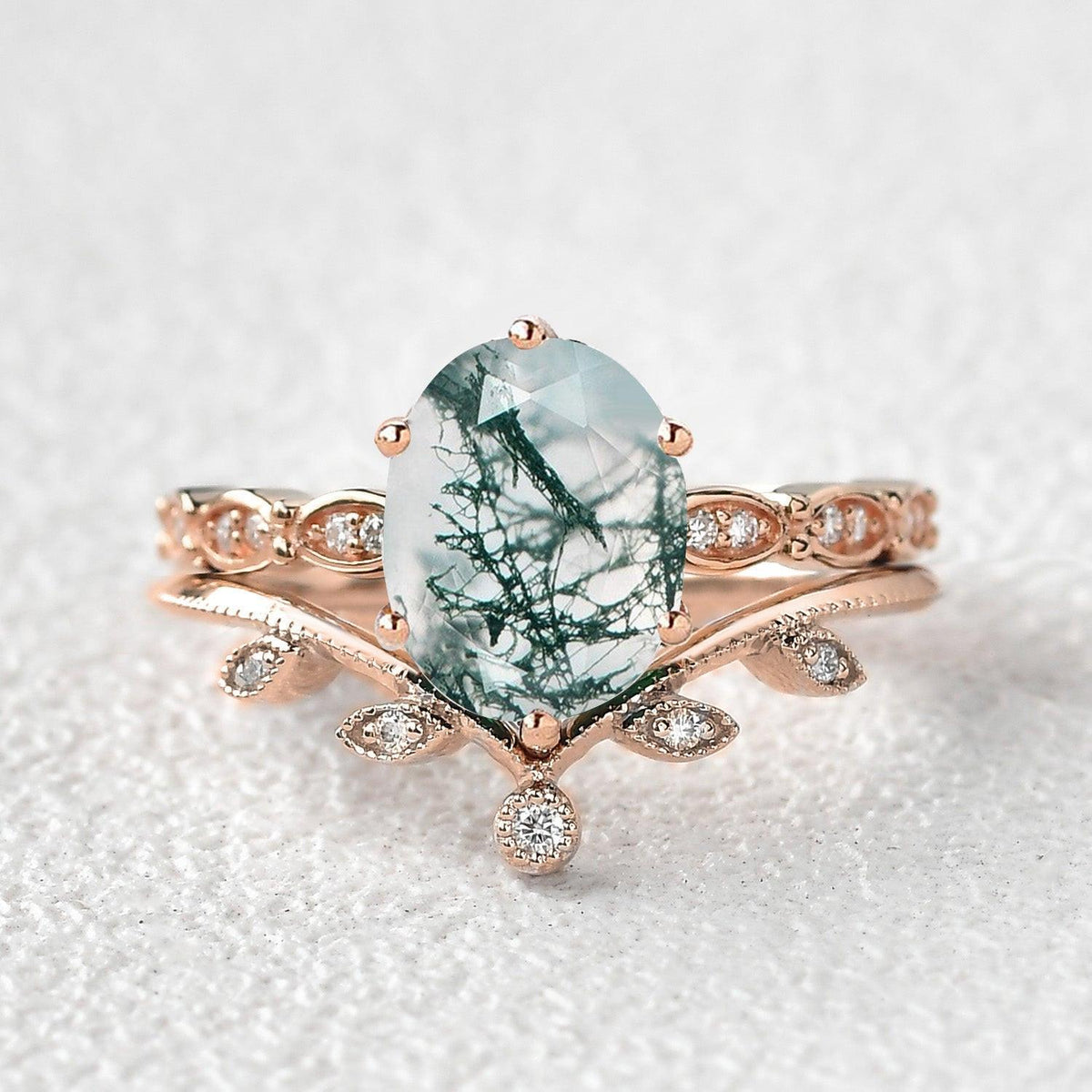 2.0ct Oval Cut Moss Agate Rose Gold Vine Leafy Ring Set 2pcs.