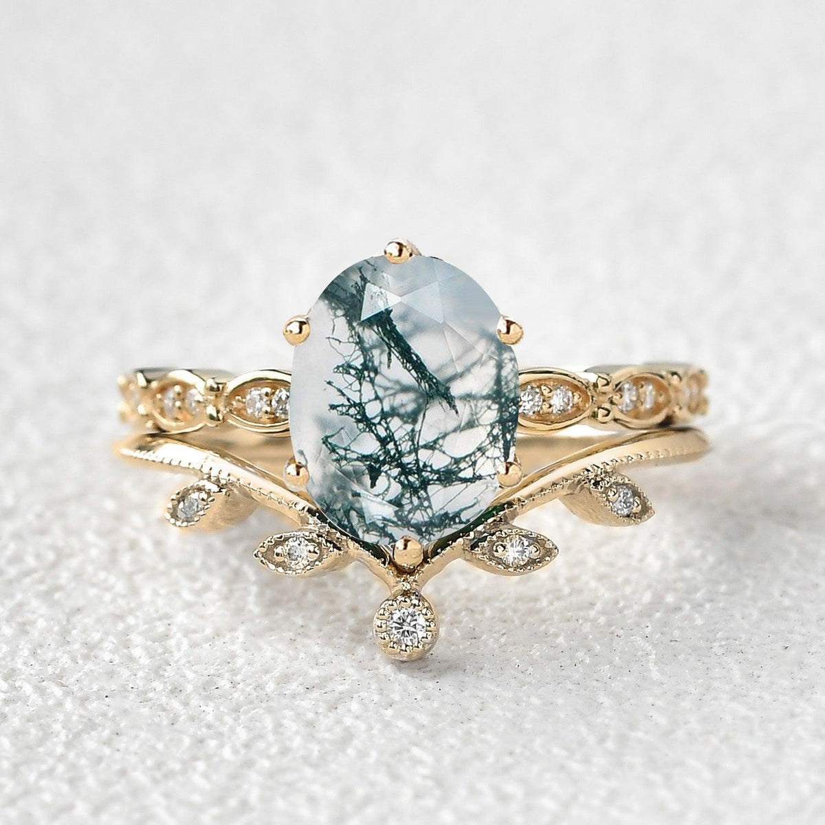 2.0ct Oval Cut Moss Agate Rose Gold Vine Leafy Ring Set 2pcs.