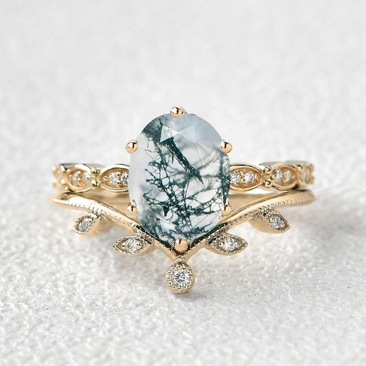 2.0ct Oval Cut Moss Agate Rose Gold Vine Leafy Ring Set 2pcs.