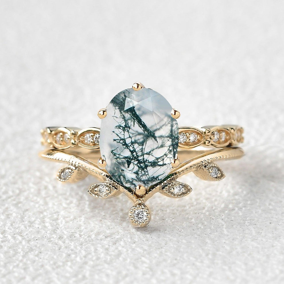 2.0ct Oval Cut Moss Agate Rose Gold Vine Leafy Ring Set 2pcs.