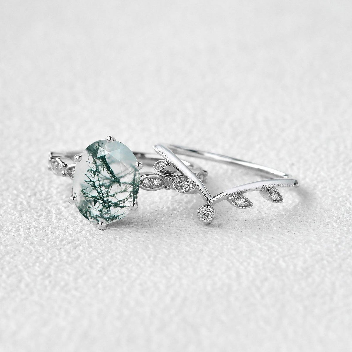 2.0ct Oval Cut Moss Agate Rose Gold Vine Leafy Ring Set 2pcs.
