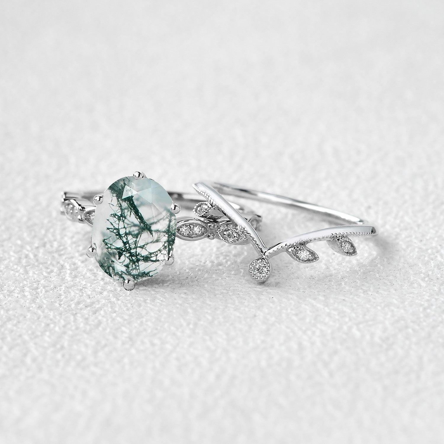 2.0ct Oval Cut Moss Agate Rose Gold Vine Leafy Ring Set 2pcs.