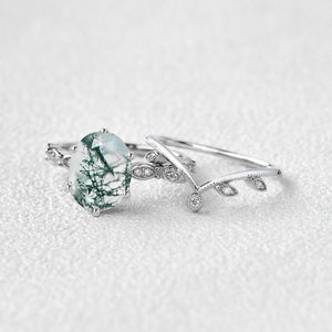 2.0ct Oval Cut Moss Agate Rose Gold Vine Leafy Ring Set 2pcs.