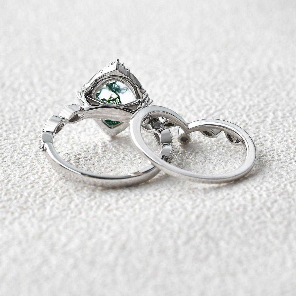 Oval Moss Agate & Moissanite Floral Ring Set 2pcs.