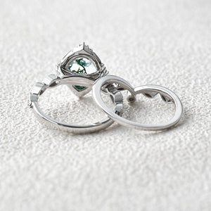 Oval Moss Agate & Moissanite Floral Ring Set 2pcs.