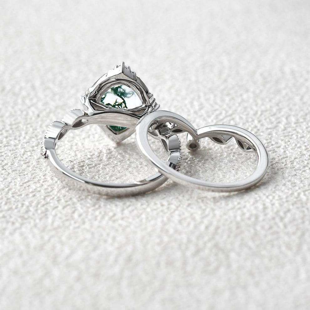Oval Moss Agate & Moissanite Floral Ring Set 2pcs.