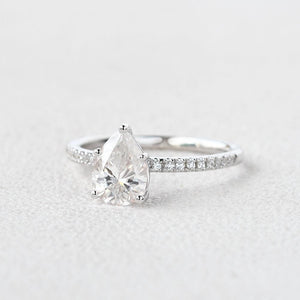 Classic 1.5ct Pear Shaped Moissanite Pave Solitaire Ring.