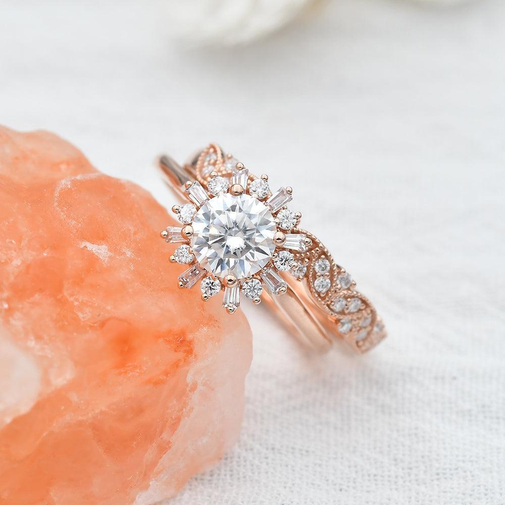 Sunflower Moissanite Halo Yellow Gold Inspired Ring.