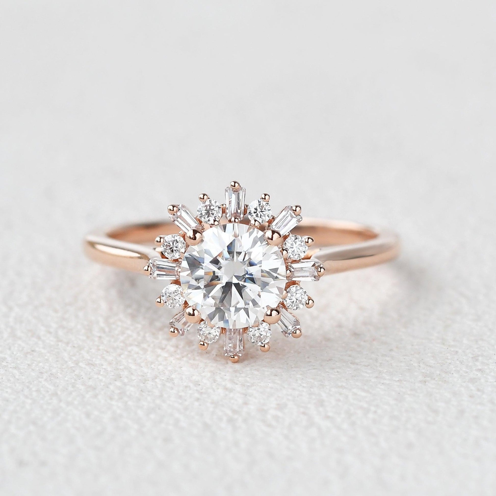 Sunflower Moissanite Halo Yellow Gold Inspired Ring.