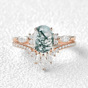 Rebecca 1.5ct Oval Cut Moss Agate Engagement Ring Set 2pcs.